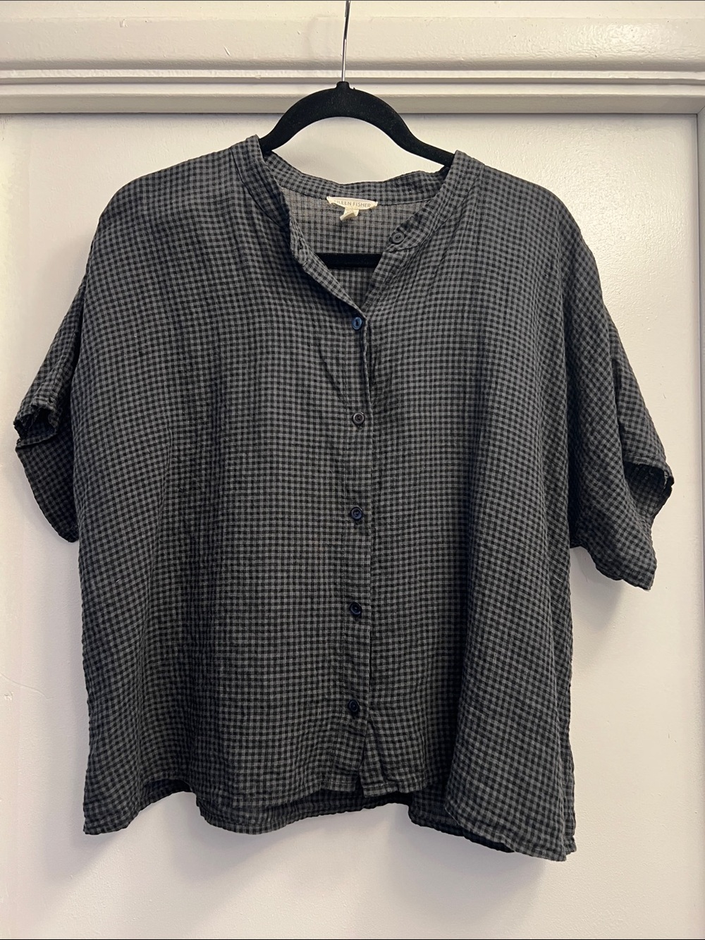 Eileen Fisher 100% Organic Linen Seersucker Mandarin Collar SS Blouse Size Large